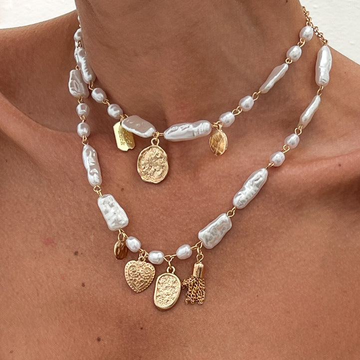 Minimalist Geometric Heart Pendant Alloy Plated Necklace with Irregular Pearl Curb Chain for Women