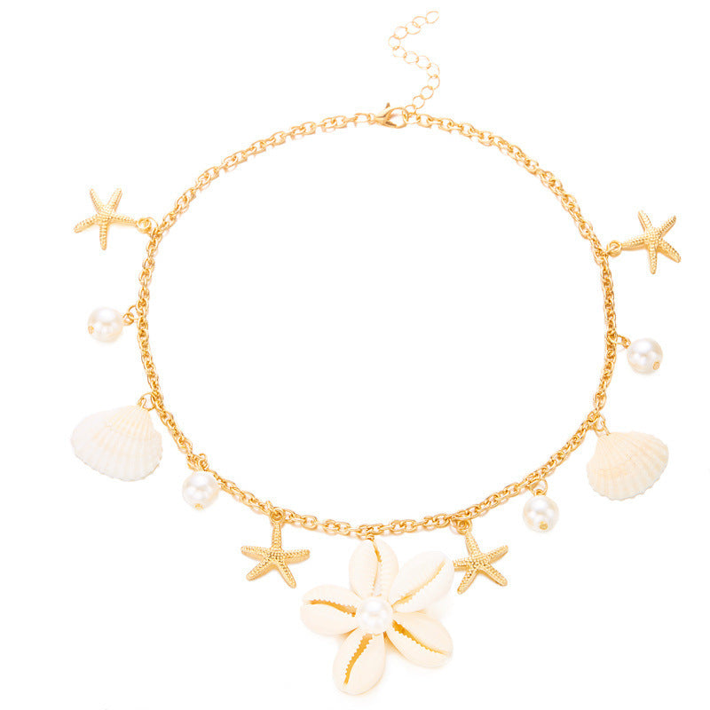 Casual Floral Starfish Shell Pearl Alloy Necklace for Women Beach Party