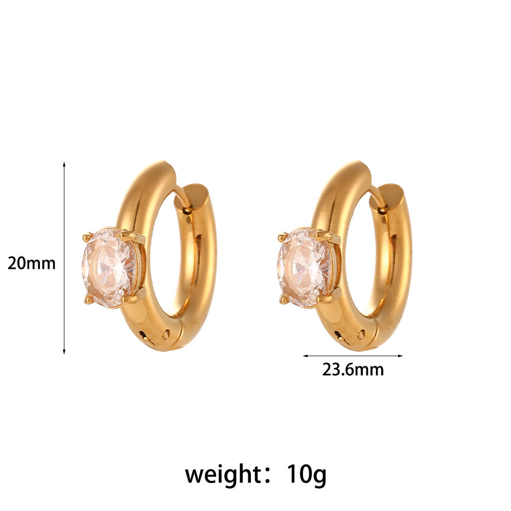 Orecchini a cerchio geometrici da donna in acciaio inossidabile placcato oro 18 carati con zirconi ovali e design minimalista