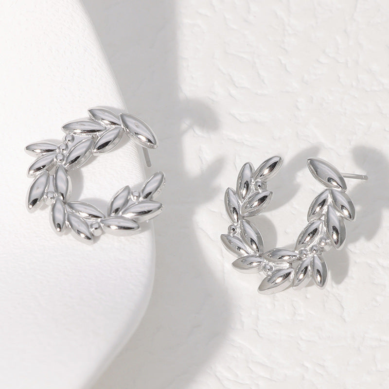 Minimalist Leaf and Wheat Ear Studs in Stainless Steel with Plated Finish for Women