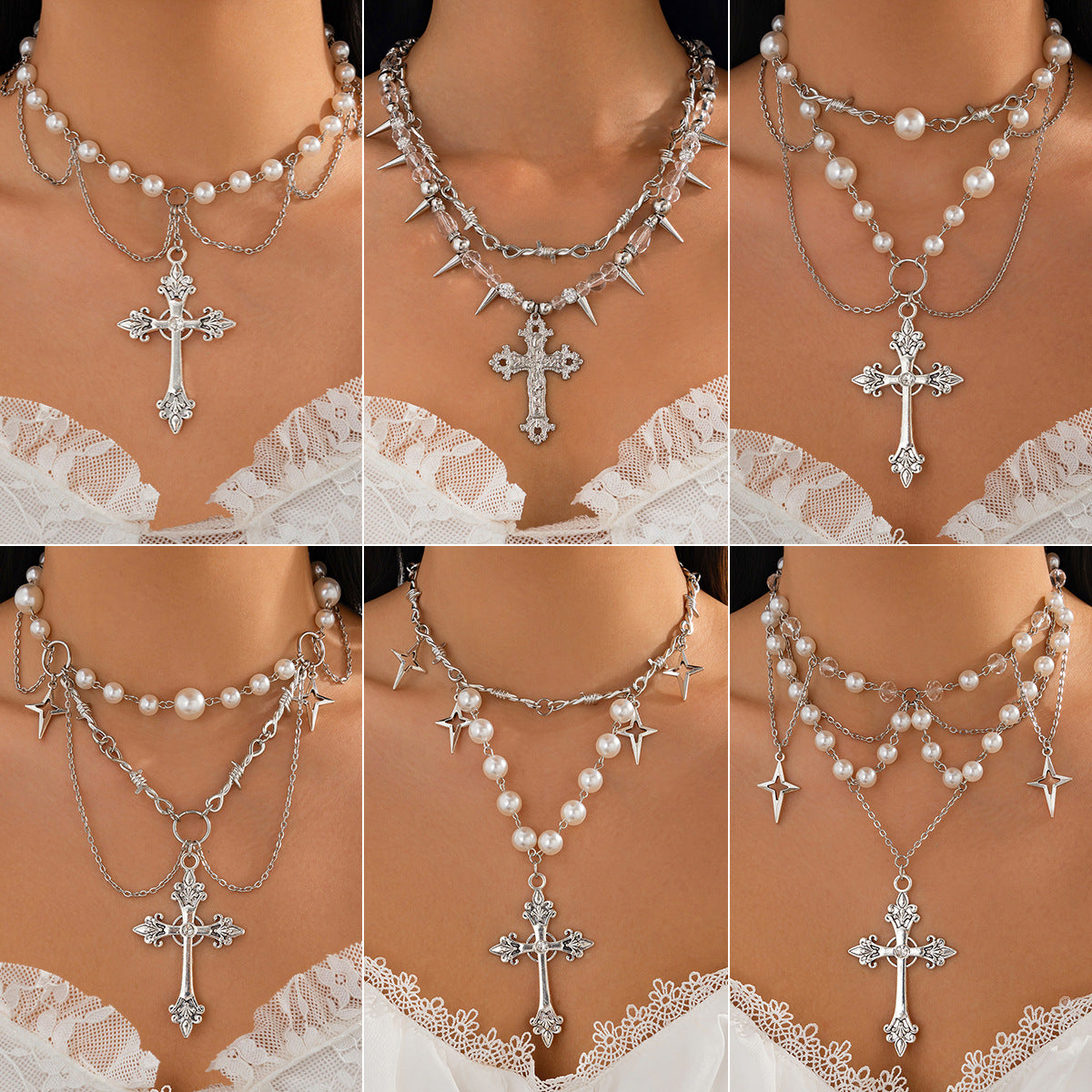 Collana con ciondolo a croce stile gotico con nappa per donna, base in lega con finitura galvanizzata, design geometrico