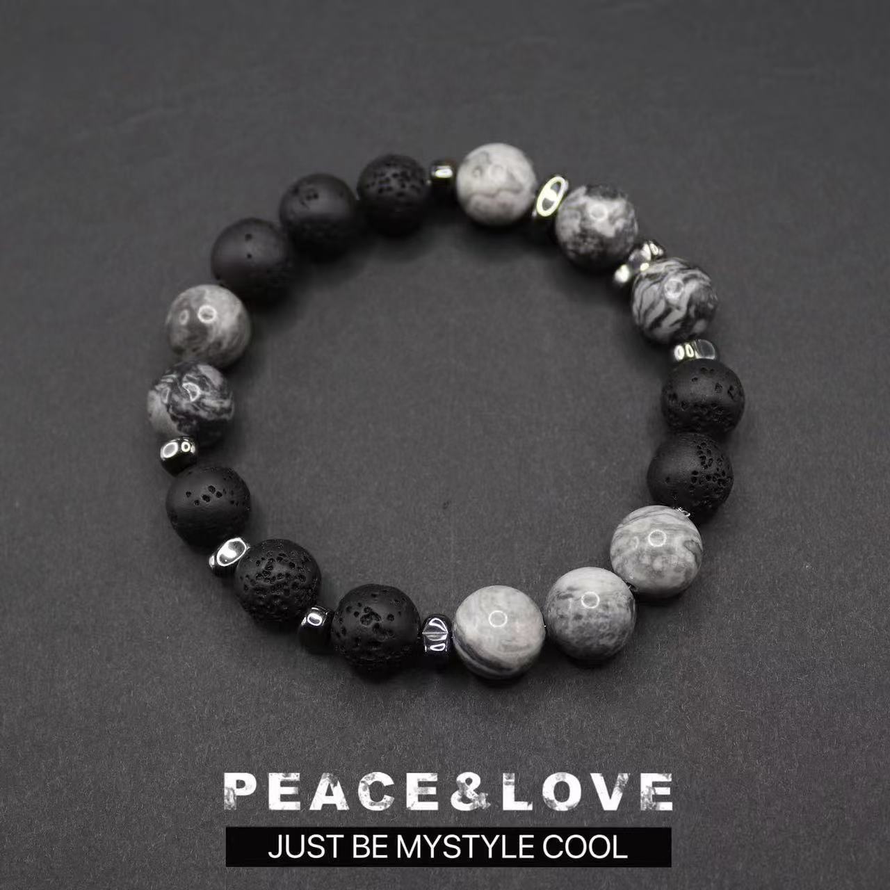 Men's Matte Black Obsidian and Volcanic Stone Beaded Bracelet Square Round Geometric Unisex Jewelry