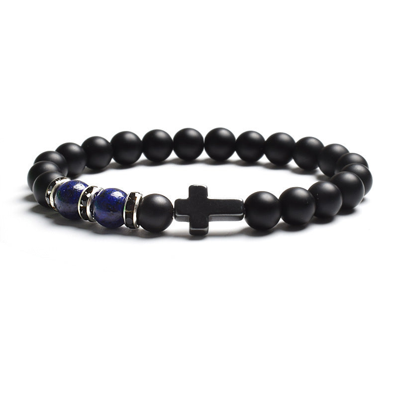Vintage Cross Matte Stone Tiger's Eye Beaded Stretch Bracelet Unisex Geometric Handmade Jewelry