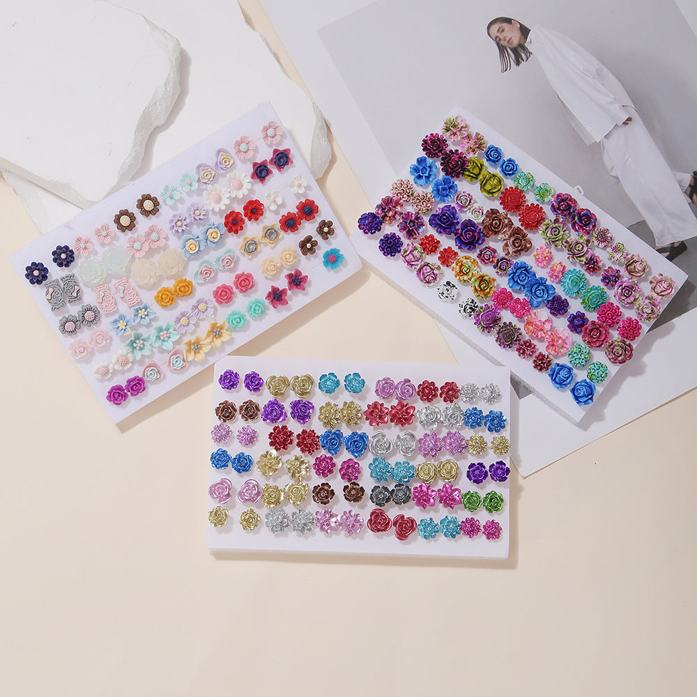 Geometric Resin Stud Earrings Set with Rhinestone Inlay Featuring Floral Animal and Letter Designs for Women