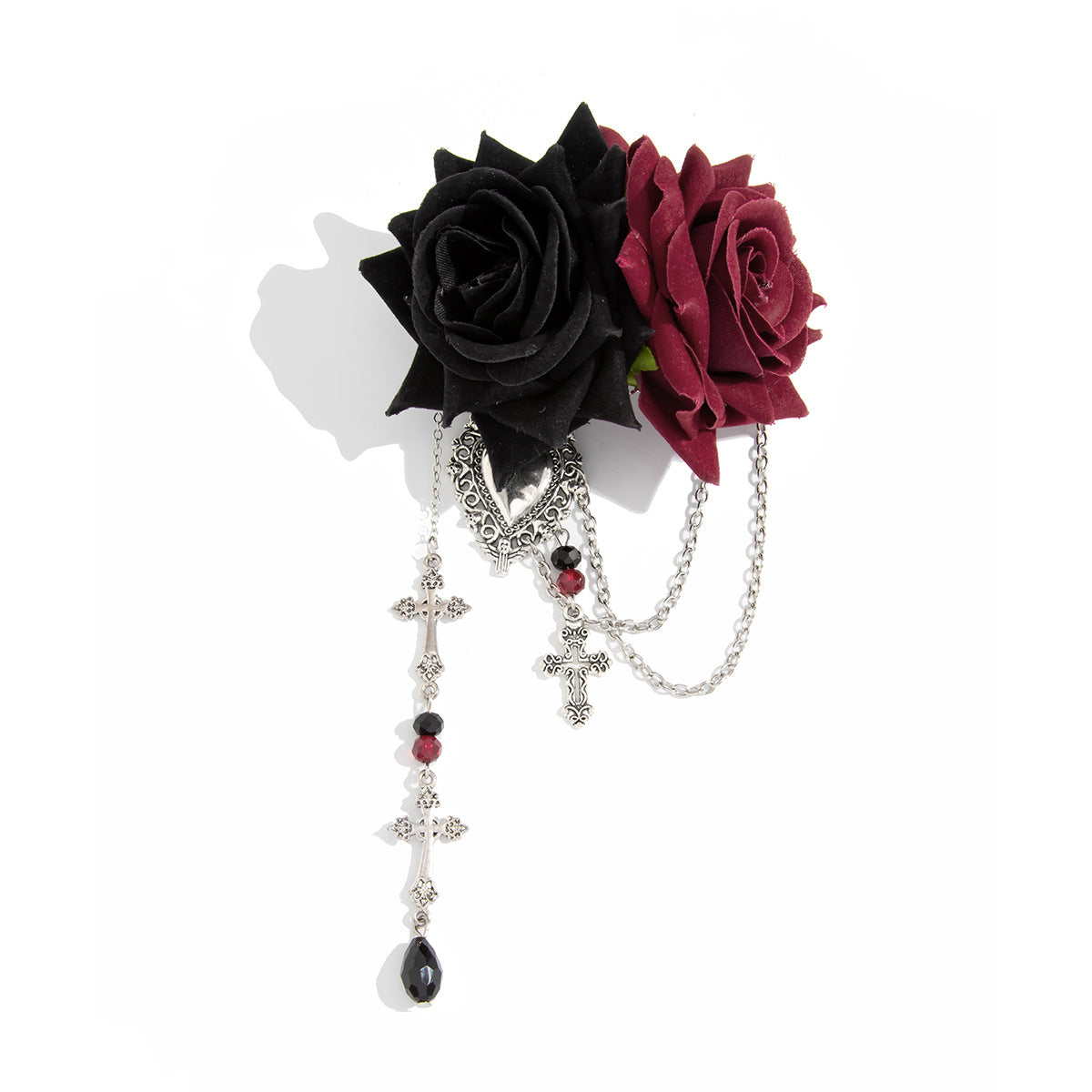 Gothic Vintage Zinc Alloy Plated Cross Heart Rose Brooch Pin for Women