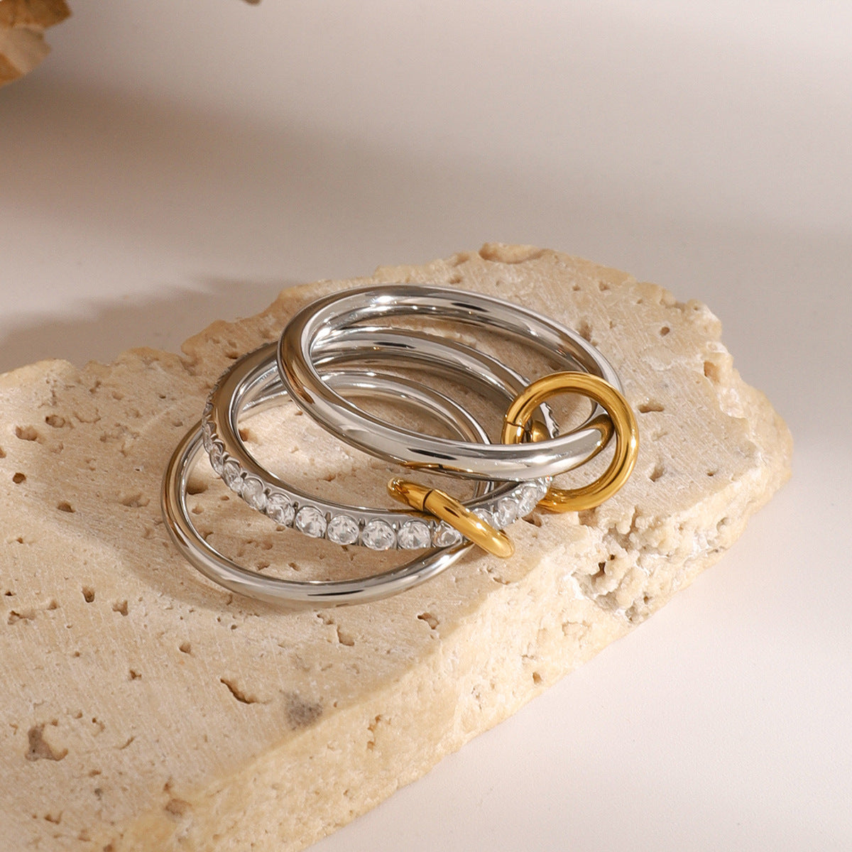 Geometric Stainless Steel Stackable Plain Band Ring with Plated Finish and Zirconia Accents for Women