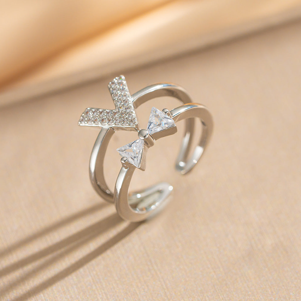Luxury Minimalist Adjustable Open Ring for Women with Gold-Plated Copper Band and Zircon Stone Accent in Heart and Floral Shape