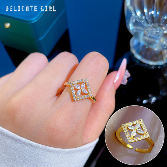 Anillo Cuadrado Floral Estilo Kawaii de Latón con Baño de Oro para Mujer, Banda Abierta Ajustable