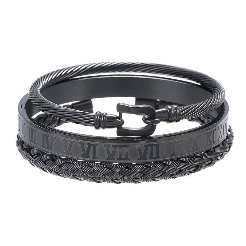 Vintage Men's Roman Numeral Geometric Cylinder Square Woven Titanium Steel Stainless Steel Bracelet Set