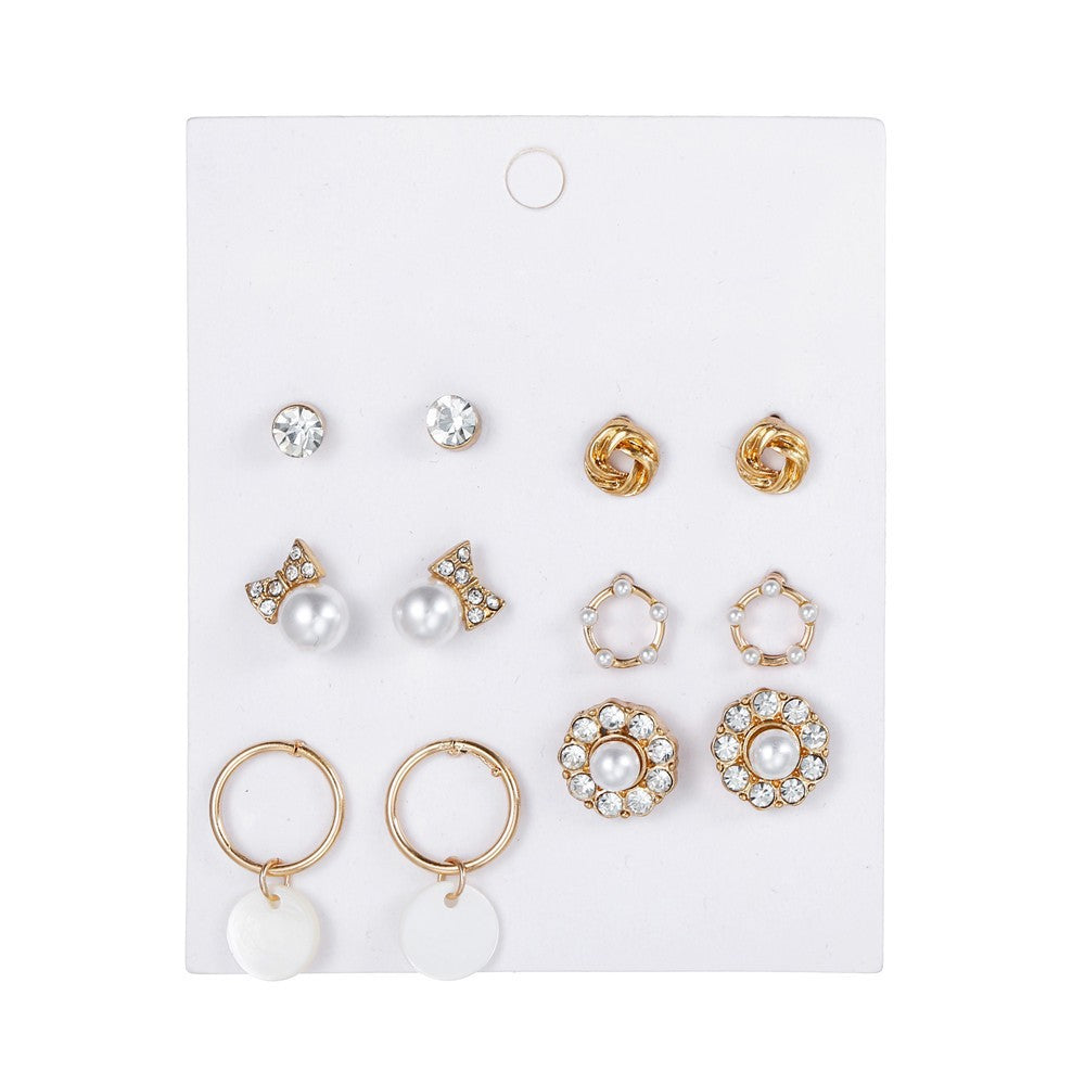 Vintage Sweet Heart Geometric Floral Rhinestone Inlay Alloy Stud Earrings Set