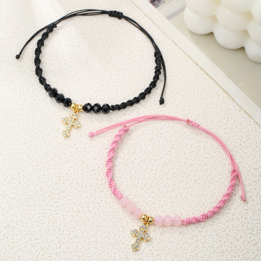 Geometric Cross Crystal Inlay Alloy Glass Bead Bracelet
