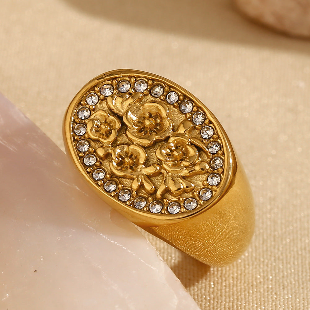 Vintage Fashion 18K Gold Plated Stainless Steel Geometric Flower Ring for Women