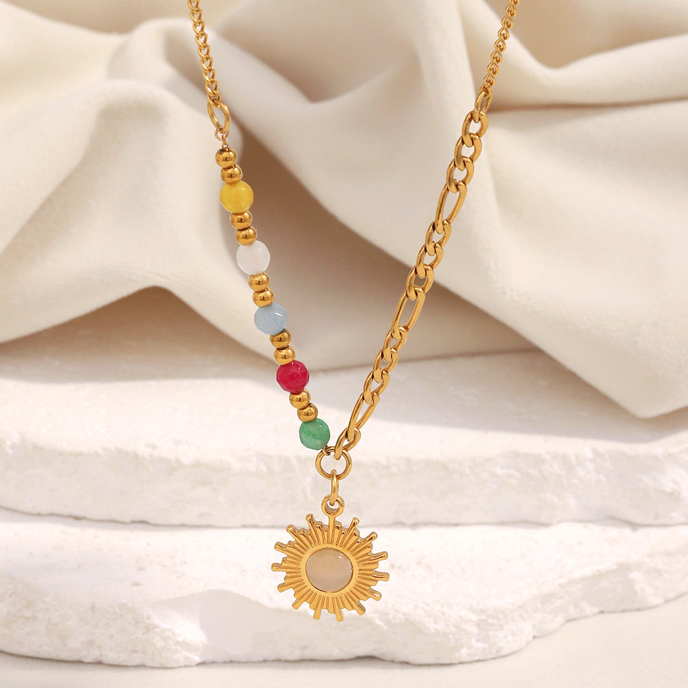 Retro French Style Sun-Shaped Geometric Pendant Necklace in Stainless Steel with 18K Gold Plating and Natural Stone Inlay