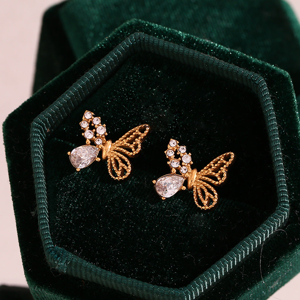 Pendientes Asimétricos de Mariposa para Mujer de Acero Inoxidable con Baño de Oro de 18K y Circonitas Semipavé