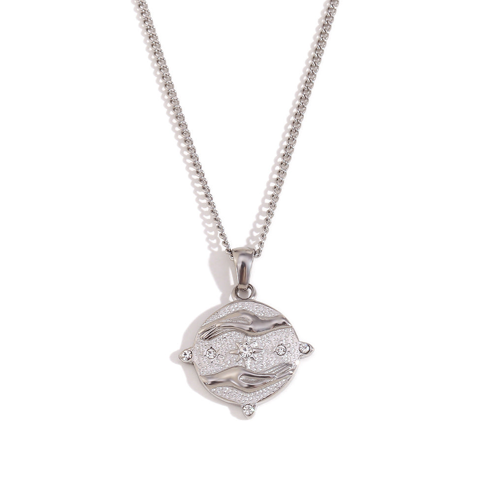 Vintage Minimalist Round Geometric Pendant Necklace in Stainless Steel with 18K Gold Plating for Women