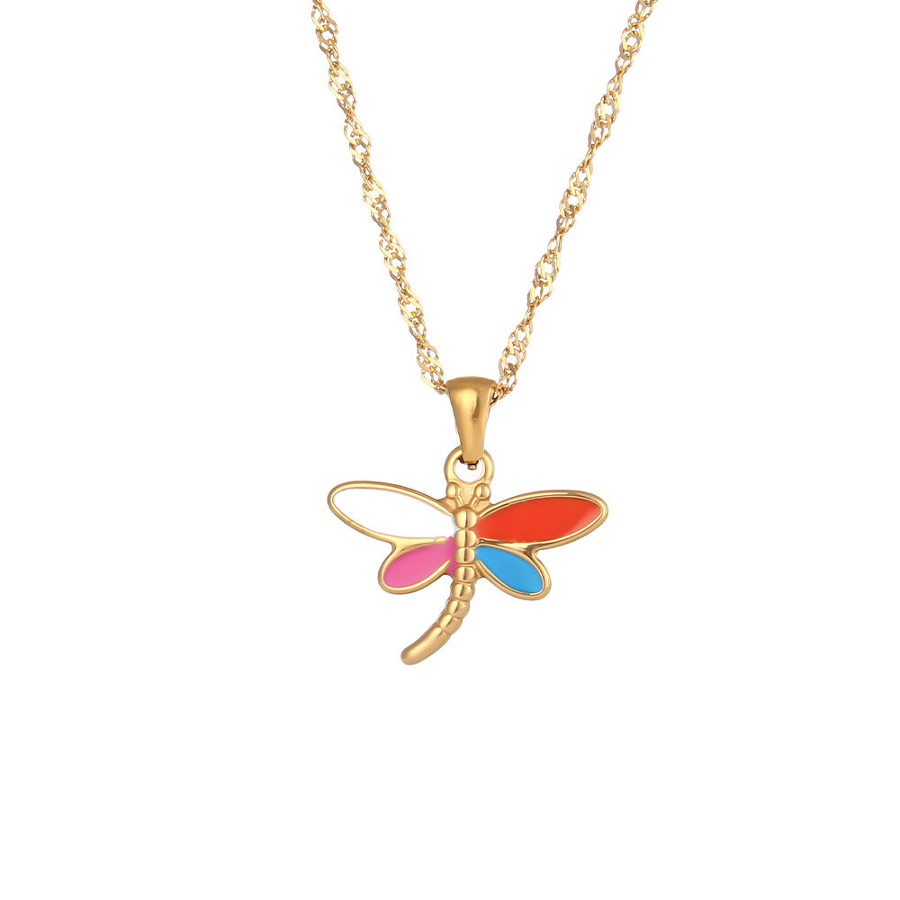 Collana con Ciondolo a Angelo Geometrico Minimalista in Acciaio al Titanio Placcato Oro 18K, Design Cuore e Libellula da Donna