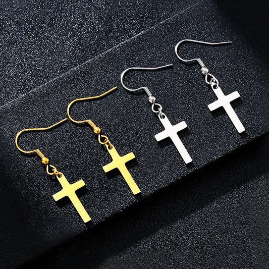 Pendientes minimalistas de cruz de acero inoxidable con acabado chapado para parejas estilo casual urbano