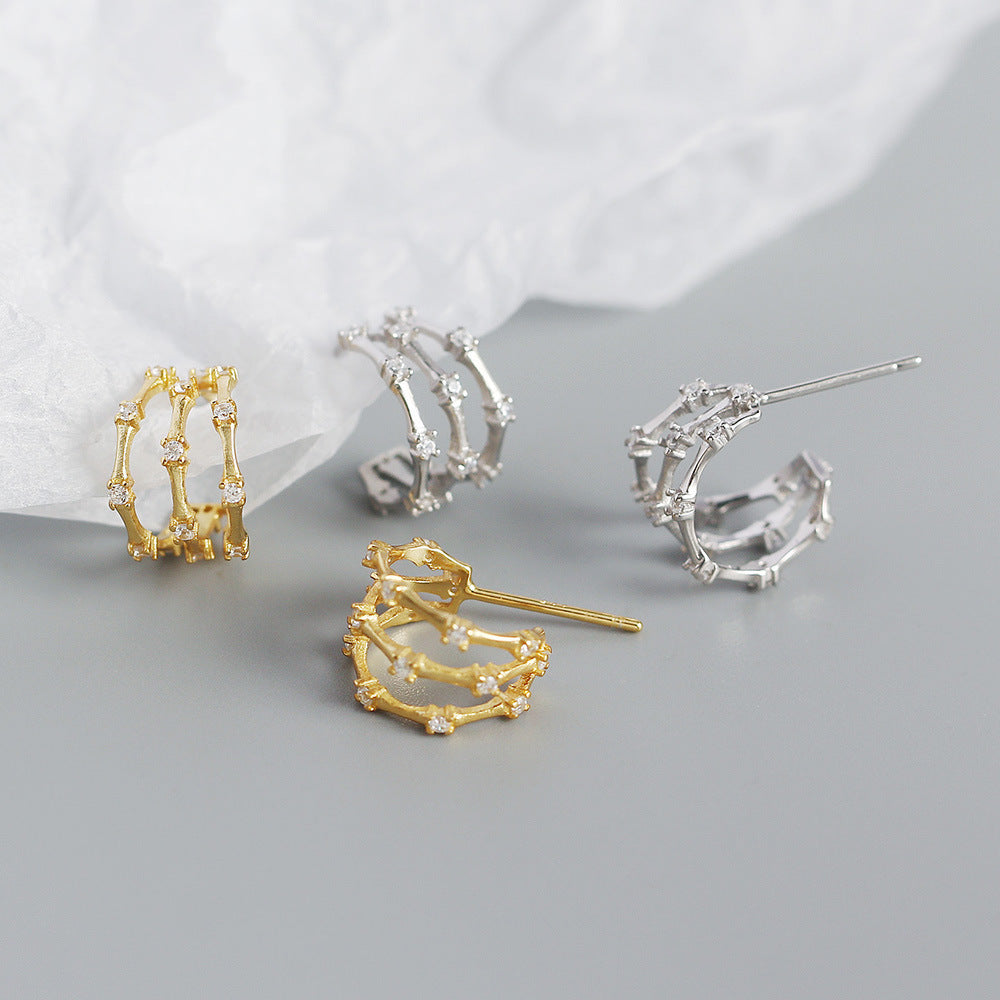 Minimalist Geometric Three-Tier Bamboo-Inspired C-Shaped Rhinestone-Set S925 Sterling Silver Hoop Earrings