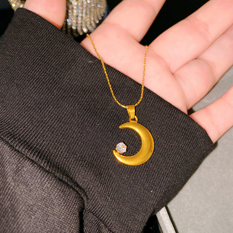 Sweet Minimalist Gold Plated Moon Cubic Zirconia Necklace Titanium Steel