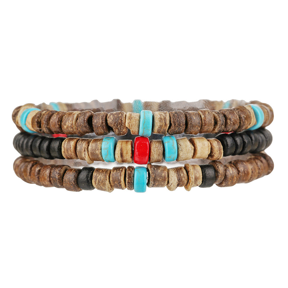 Bohemian Round Wood and Turquoise Beaded Stretch Bracelet for Men and Women