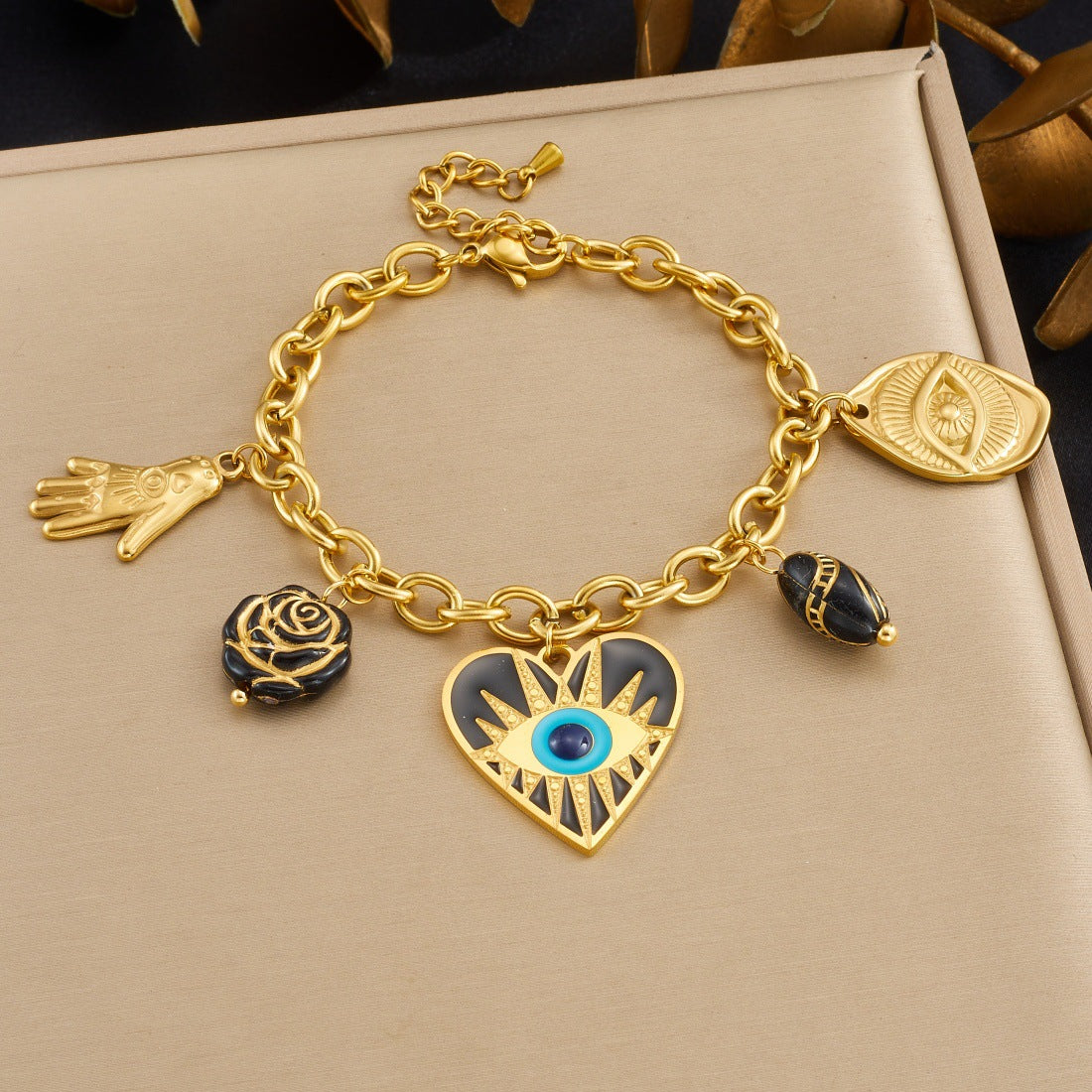 Vintage Gold Plated Stainless Steel Heart and Round Carved Evil Eye Pendant Bracelet with Floral Pattern for Women