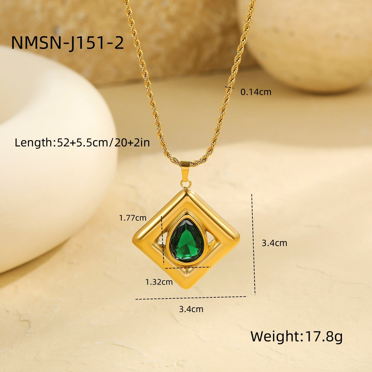 Elegant Emerald Green Zirconia Inlaid Square Pendant Necklace for Women Stainless Steel Locket Chain with Geometric and Teardrop Accents