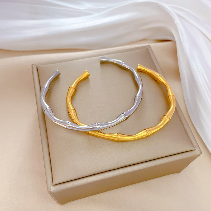 Minimalist Bamboo Joint Titanium Steel Bracelet with Chinese Traditional Auspicious Motifs and Plated Finish