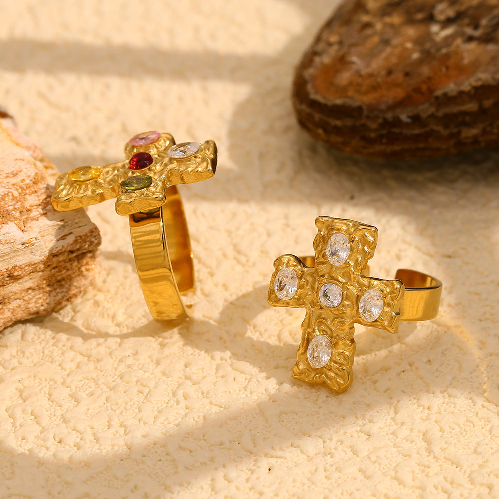 Vintage Style Geometric Cross-Shaped Stainless Steel Ring with 18K Gold Plating and Colorful Rhinestone Accents for Women