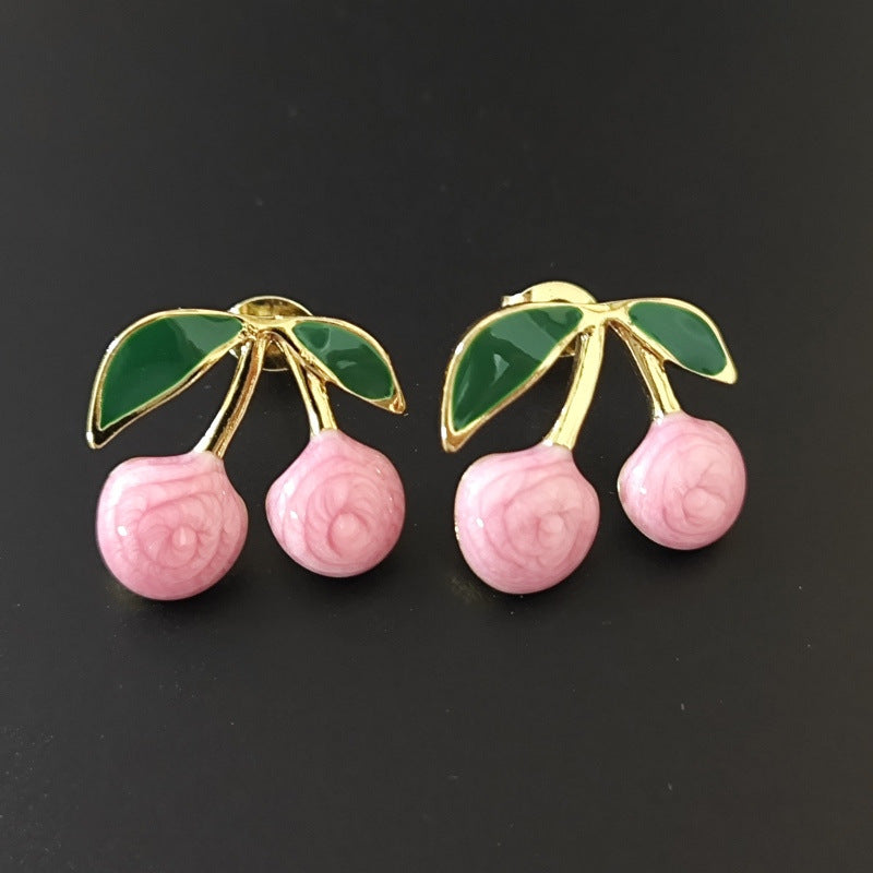 Sweet Drip Oil Stainless Steel Cherry Earrings for Women