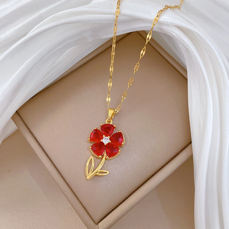 Sweet Minimalist Geometric Moon Floral Rhinestone Brass Pendant Titanium Steel Necklace for Unisex