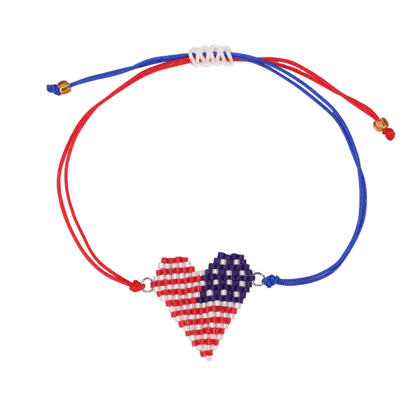 Bracciale Unisex con Cuore Tessuto a Bandiera Americana Fatto a Mano e Cordino di Filo