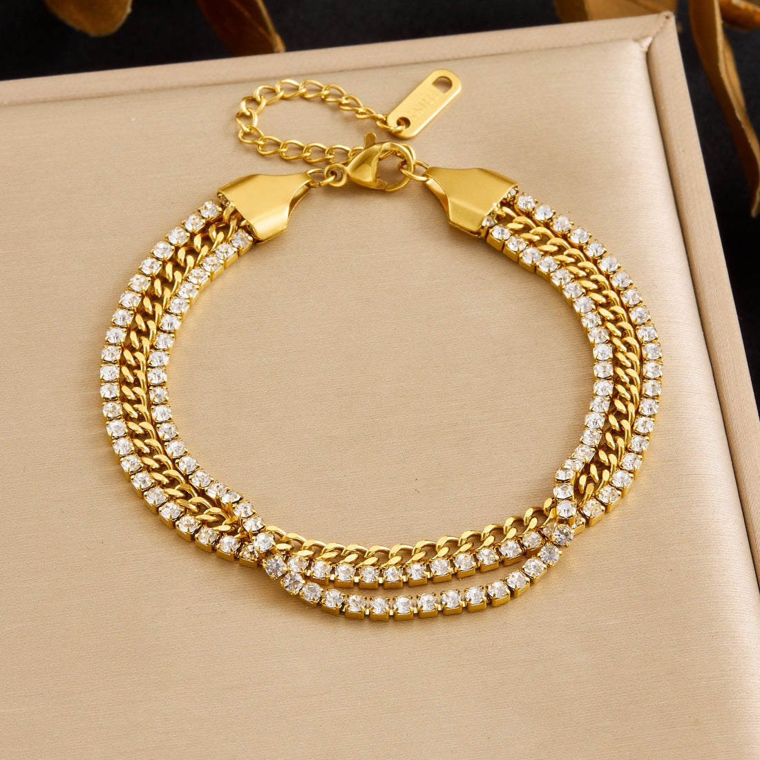 Minimalist Luxury Gold Plated Stainless Steel Rhinestone Chain Bracelet for Women