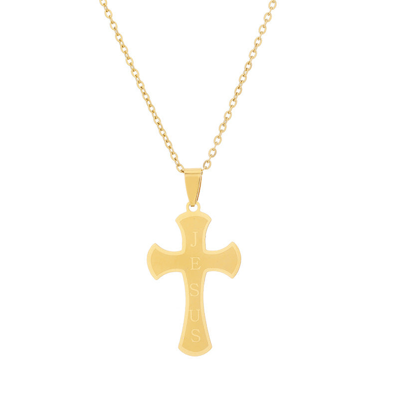 Fashion Cross Pendant Necklace in Titanium Steel with Polished Gold Plating on O-Chain for Unisex Wear