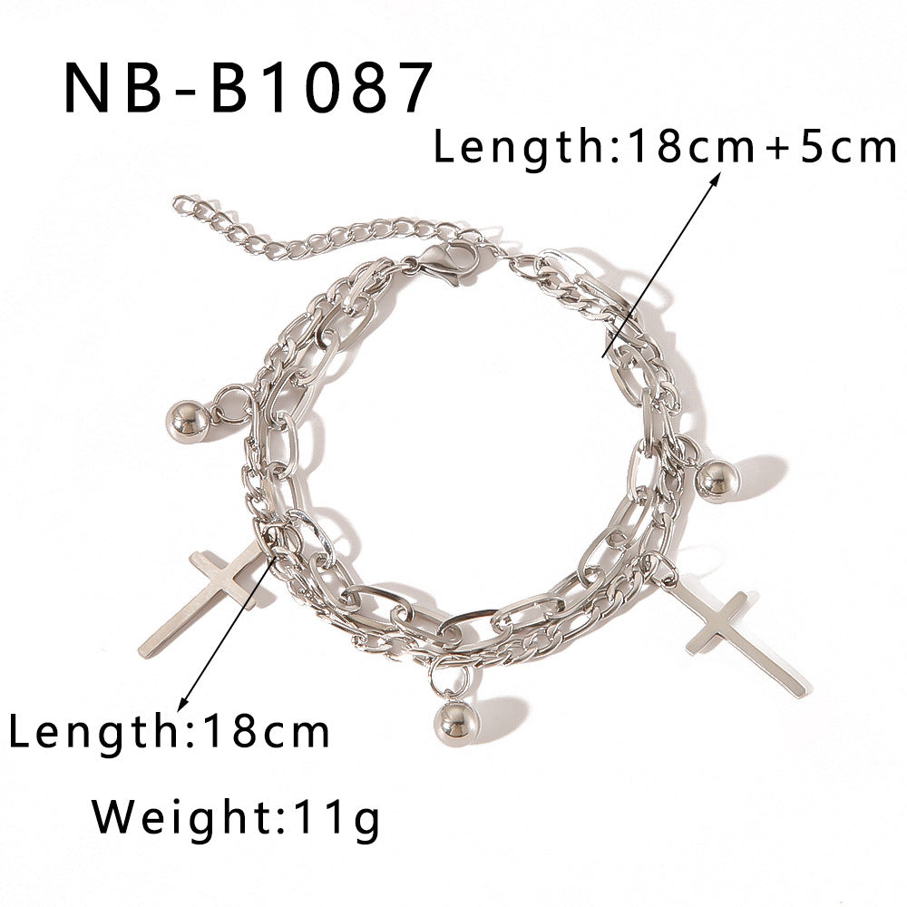 INS Style Butterfly and Cross Pendant Stainless Steel Multi-Layer Cuban Bracelet with Gold Plating for Unisex