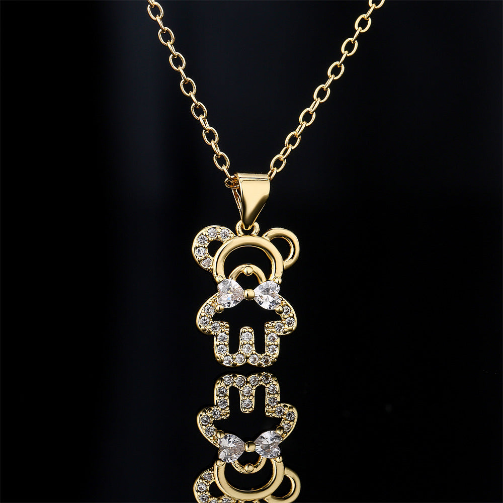 Minimalist Hollow Bear Pendant Necklace in Copper with 18K Gold Plating and Zircon Inlay