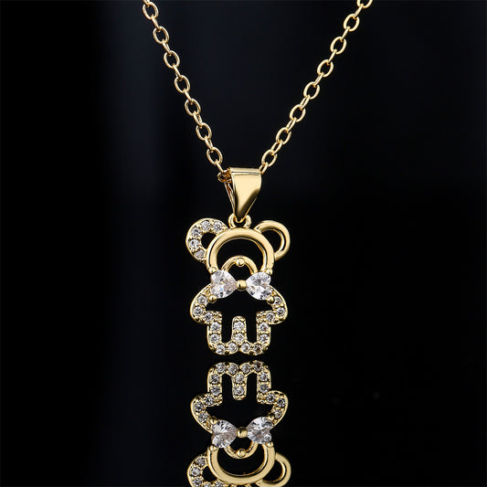 Collana con Ciondolo Orsetto Vuoto Minimalista in Rame con Placcatura in Oro 18K e Intarsio di Zirconi