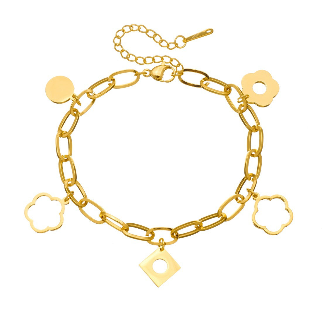 Vintage Gold Plated Stainless Steel Floral Geometric Round Square Pendant Bracelet