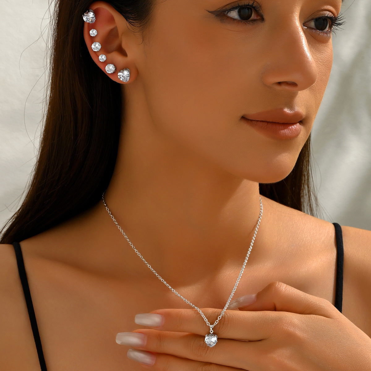 Conjunto de collar y pendientes con incrustaciones de circonita geométrica para mujer, joyería de moda de aleación