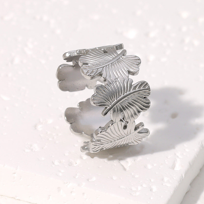 Fashion Leaf Shaped Plated Stainless Steel Ring for Women