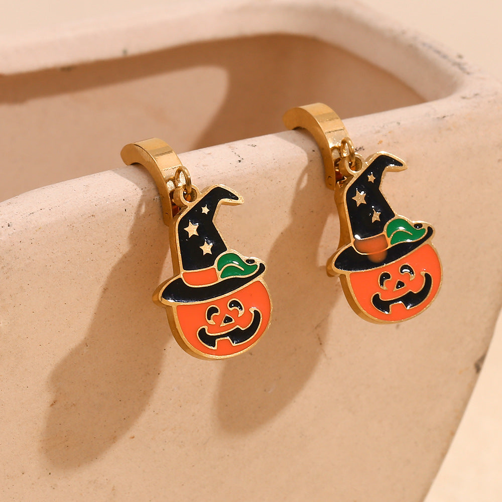 Cartoon Pumpkin Halloween Earrings for Women Stainless Steel with 18K Gold Plating