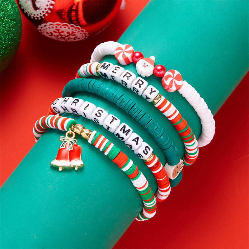 Casual Geometric Resin and Crystal Beaded Bracelet with Snowflake and Christmas Bell Charms for Women