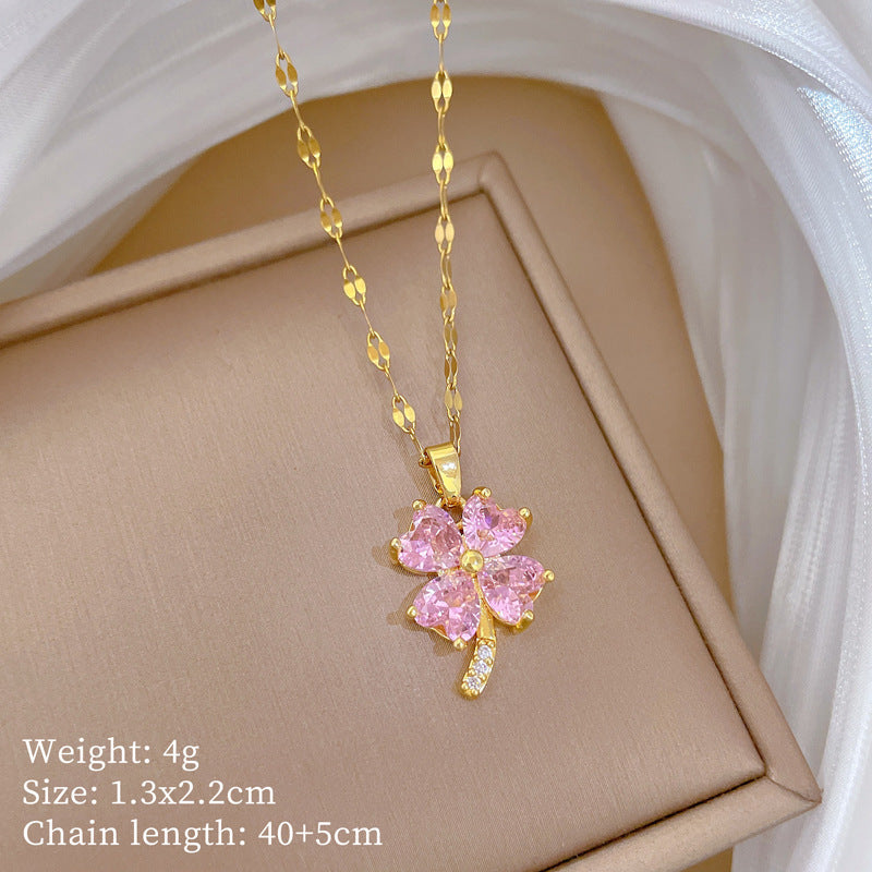 Sweet Minimalist Geometric Floral Inlaid Cubic Zirconia Brass Pendant Titanium Steel Necklace for Women