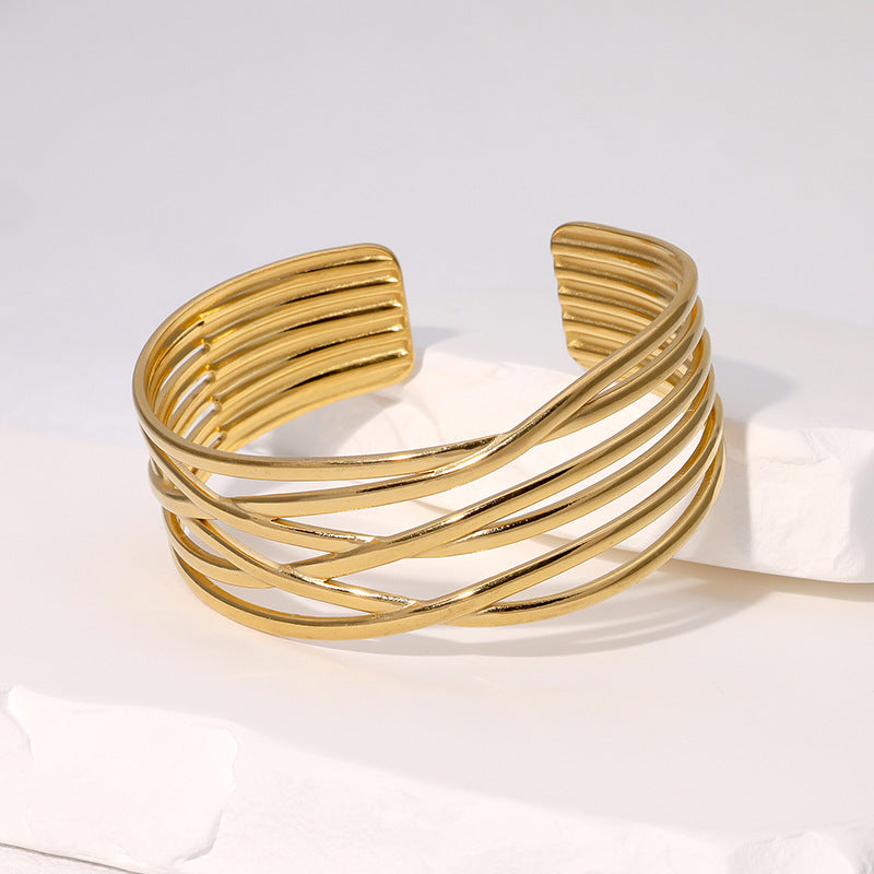 Bracciale Minimalista Geometrico Irregolare in Acciaio Inossidabile Placcato Oro con Linee Pulite