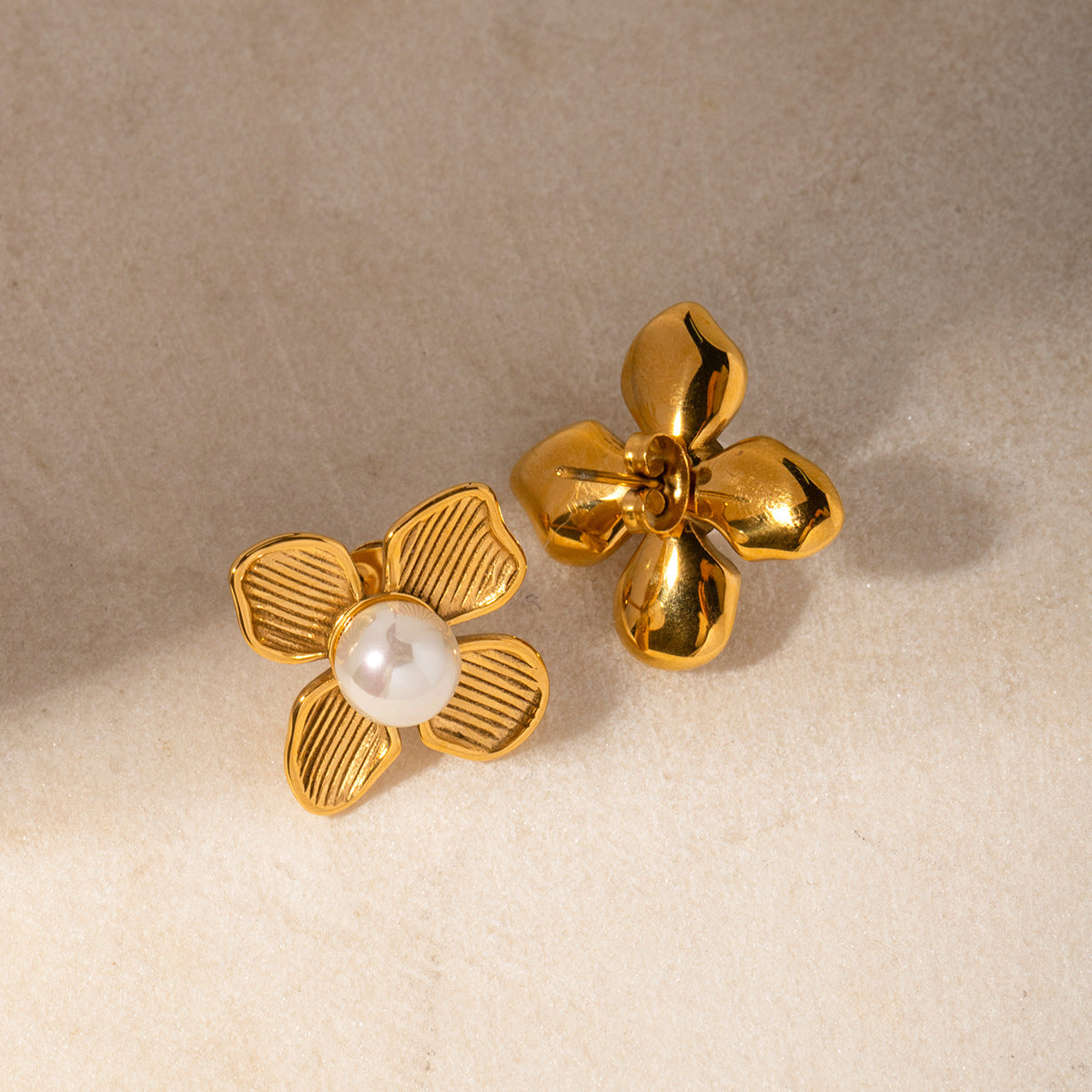 Trendy Geometric Flower Inlay Stainless Steel Earrings with Imitation Pearl 18K Gold Plated