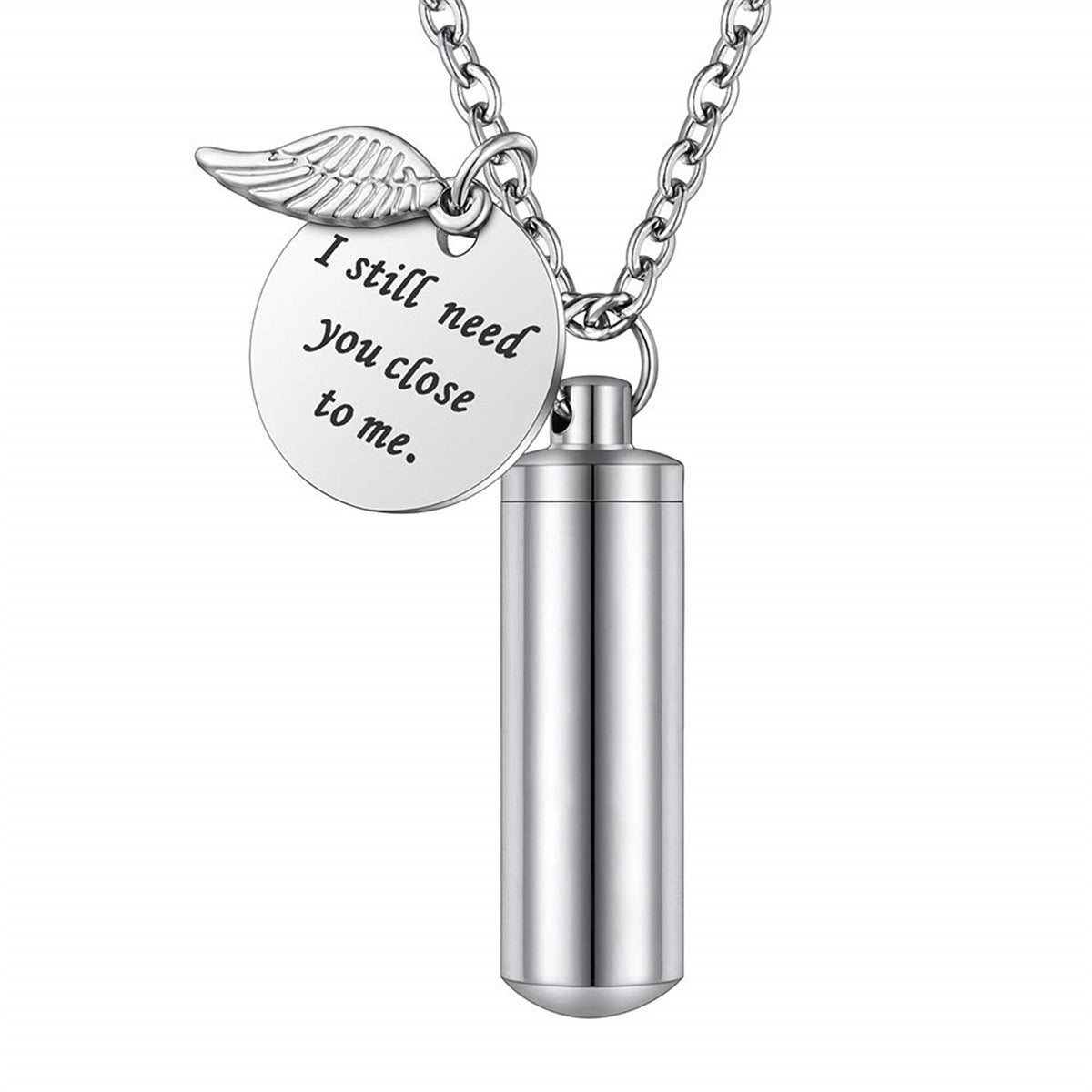 Personalized Stainless Steel Angel Wing Pendant Necklace with Hollow Cylinder Design for Pet Memorial Keepsake Unisex