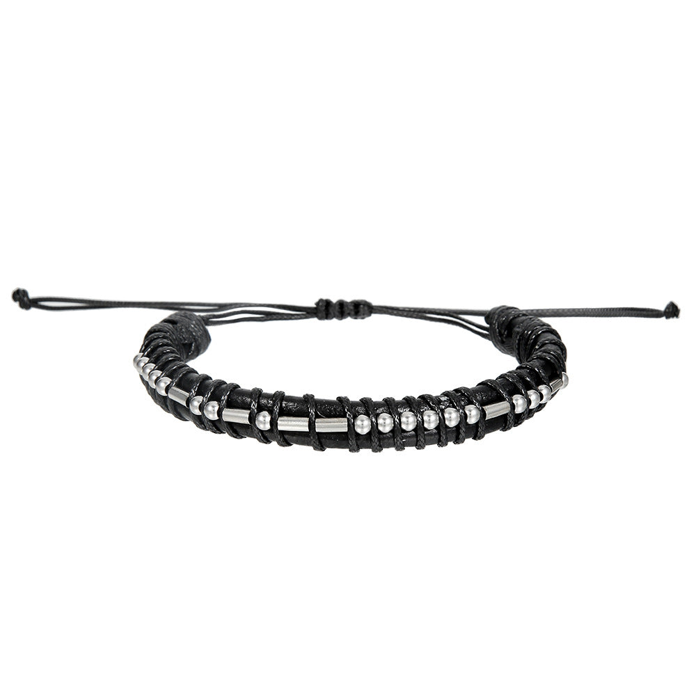 Morse Code Letter Number Stainless Steel Leather Bracelet Unisex