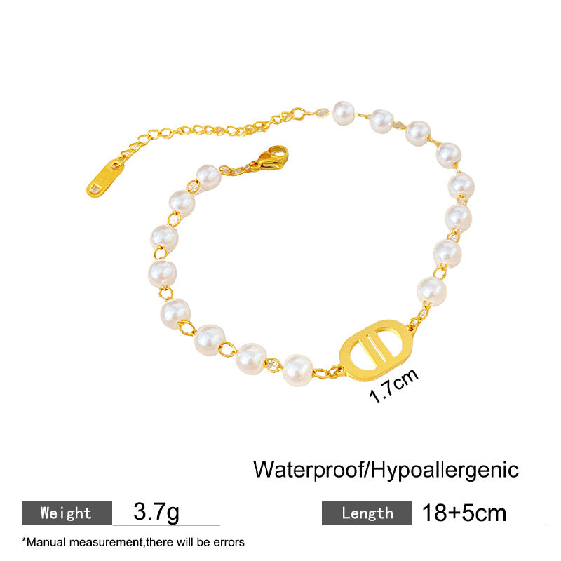 Geometric Letter Pig Nose Double D Clover Titanium Steel Plated Pearl Bracelet