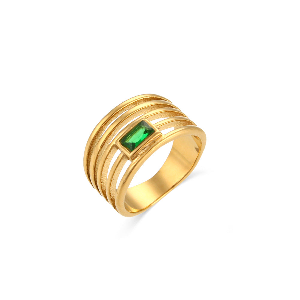 Minimalist Geometric Stainless Steel Ring with 18K Gold Plating and Hollow-Out Design Set with Zircon Inlays