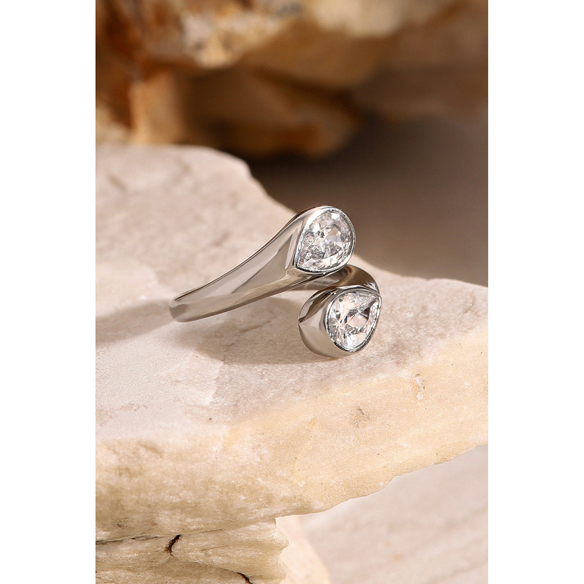 Minimalist 18K Gold Plated Asymmetric Teardrop Open Stainless Steel Ring with Cubic Zirconia