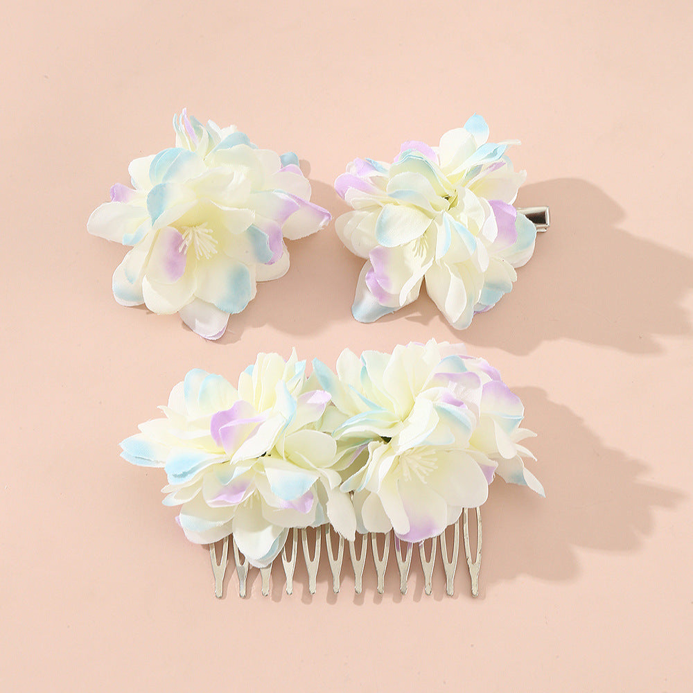 Sweet Vintage-Inspired Floral Hair Comb Set for Children with Fabric Flowers and Ribbon Details